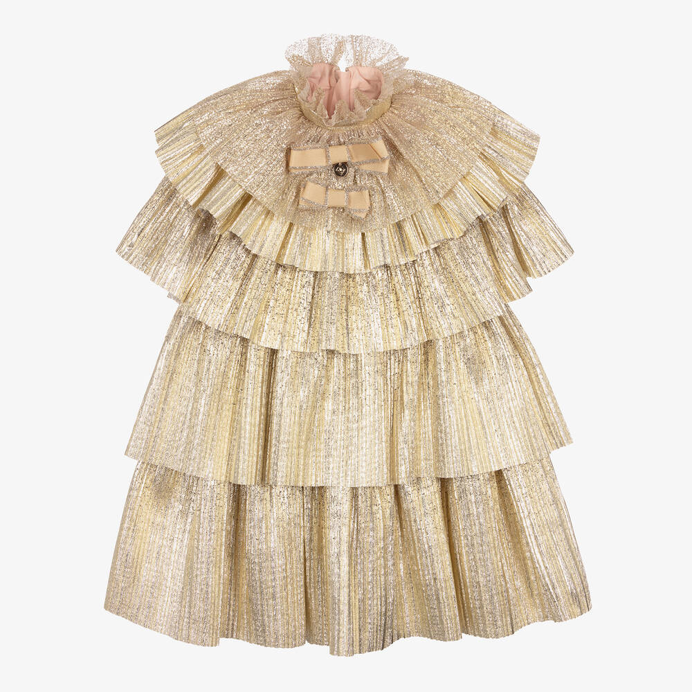 Junona - Girls Sparkly Gold Ruffle Dress | Childrensalon