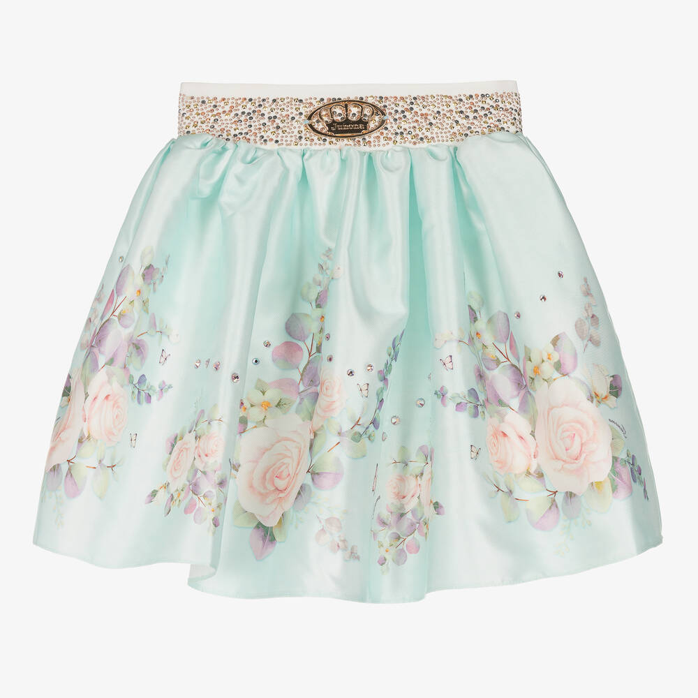 Junona - Girls Turquoise Blue Floral Satin Skirt | Childrensalon