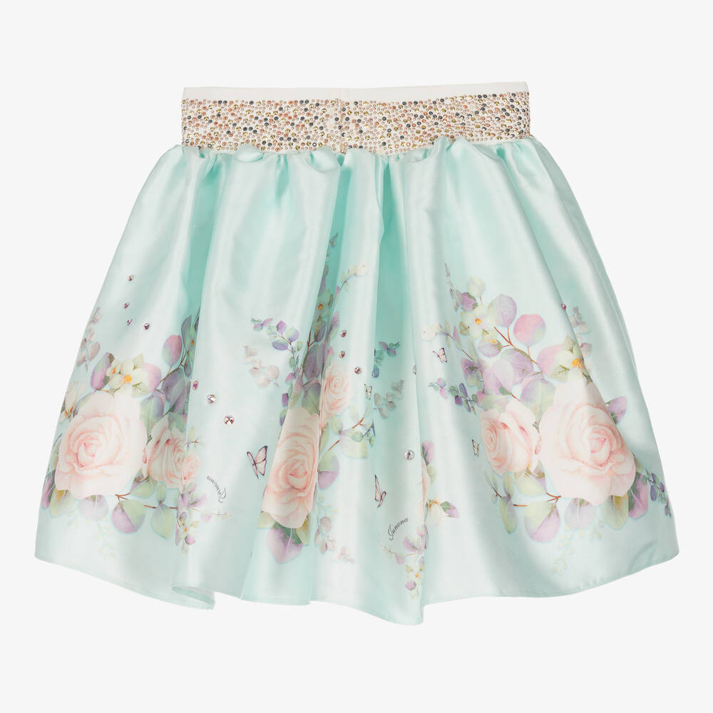 Junona-Girls Turquoise Blue Floral Satin Skirt | Childrensalon Outlet