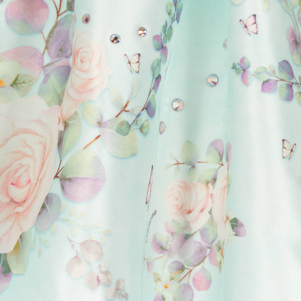 Junona-Girls Turquoise Blue Floral Satin Skirt | Childrensalon Outlet