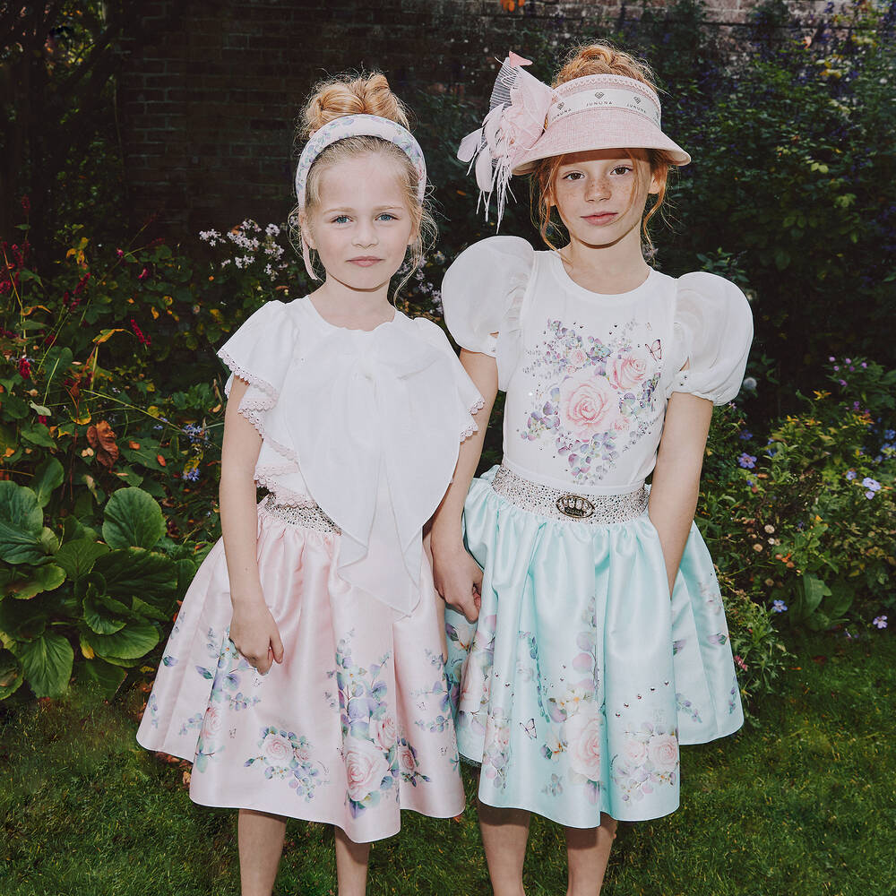 Junona-Girls Turquoise Blue Floral Satin Skirt | Childrensalon Outlet