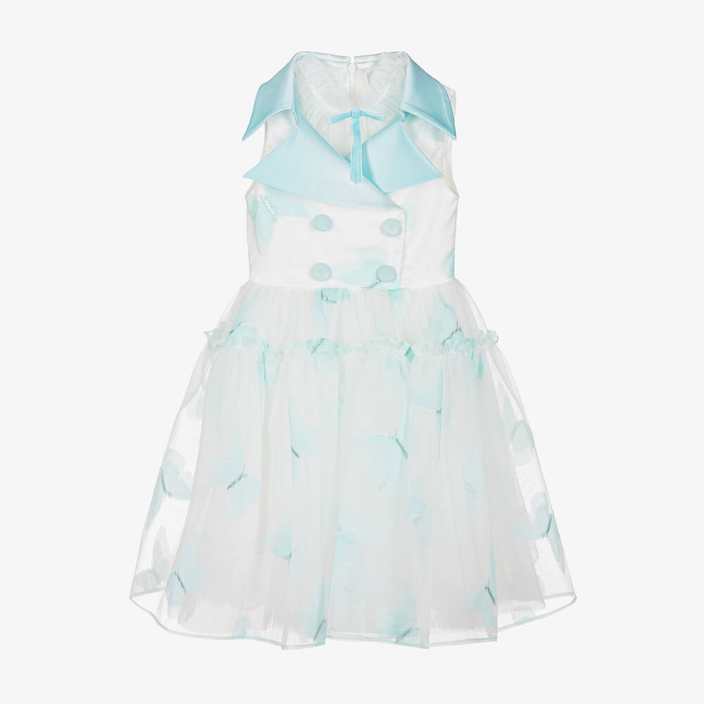 Junona - Girls Turquoise Blue & White Organza Dress | Childrensalon