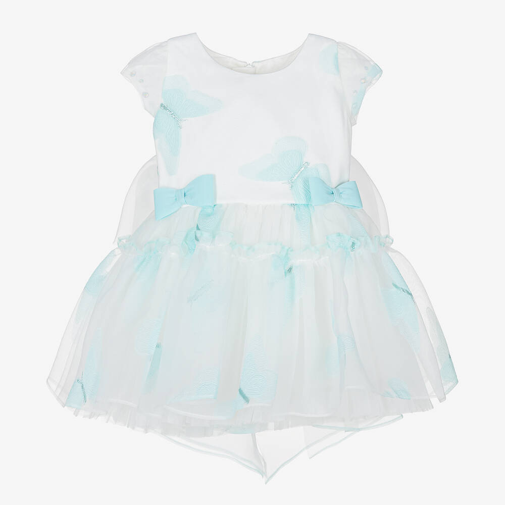 Junona - Girls White & Blue Butterfly Dress | Childrensalon