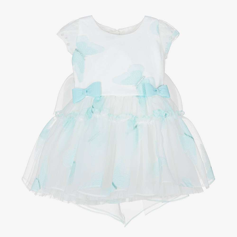 Junona-Girls White & Blue Butterfly Dress | Childrensalon Outlet