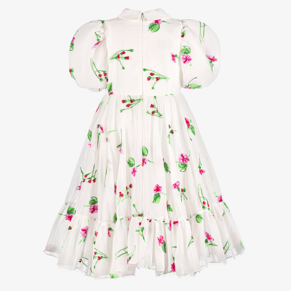 Junona-Girls White Chiffon Dress with Pink Floral Embroidery | Childrensalon Outlet