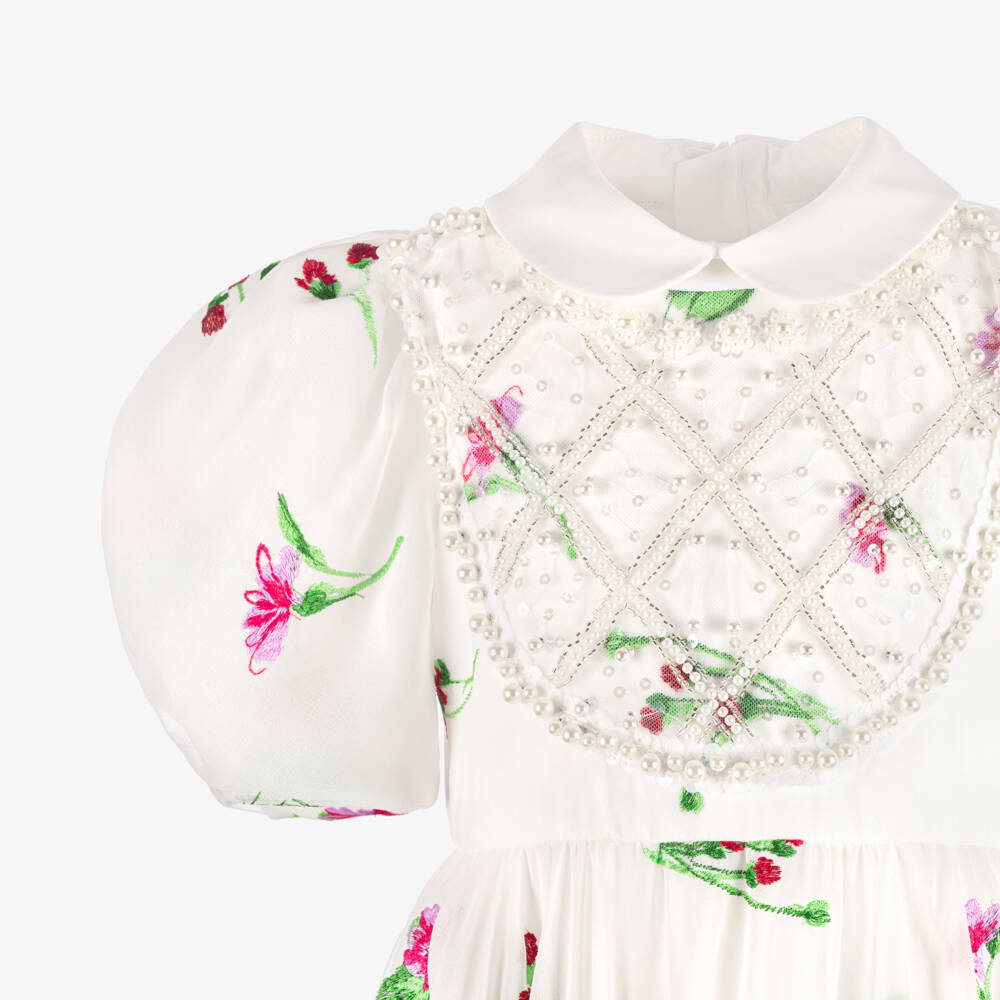 Junona-Girls White Chiffon Dress with Pink Floral Embroidery | Childrensalon Outlet