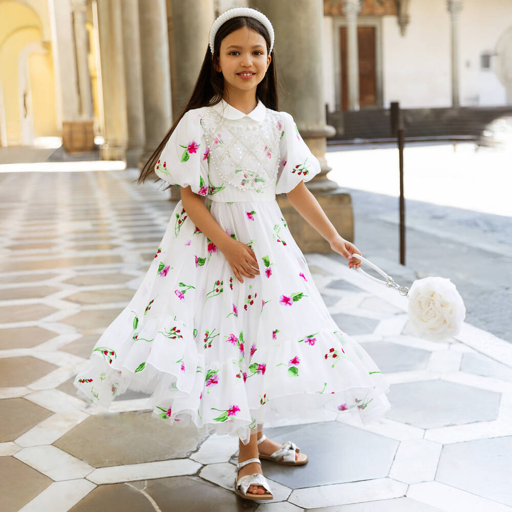 Junona-Girls White Chiffon Dress with Pink Floral Embroidery | Childrensalon Outlet