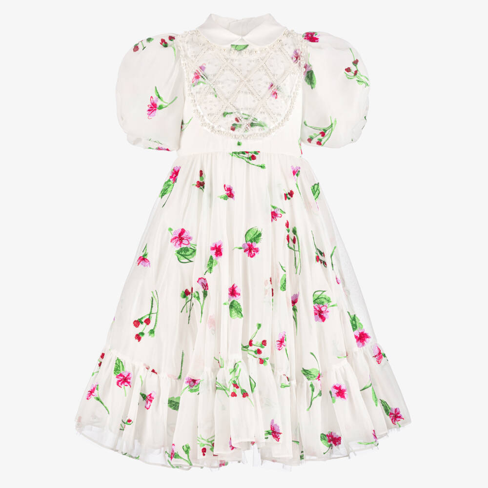 Junona-Girls White Chiffon Dress with Pink Floral Embroidery | Childrensalon Outlet