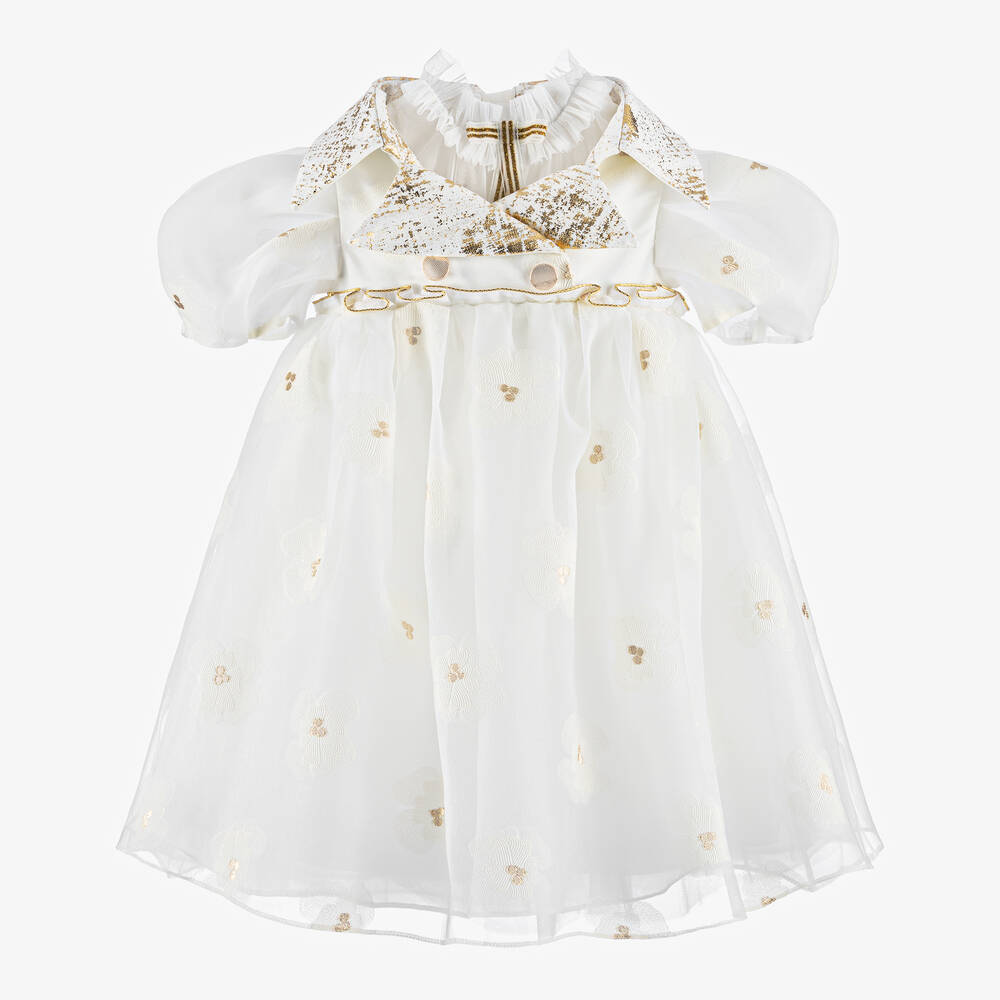 Junona-Girls White Collared Organza Dress | Childrensalon Outlet