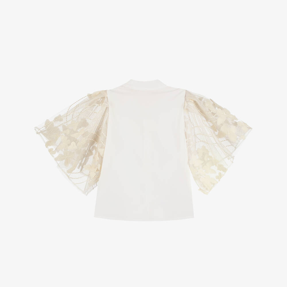 Junona-Girls White Cotton Blouse with Gold Tulle Sleeves | Childrensalon Outlet