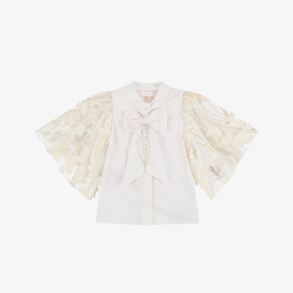 Junona-Girls White Cotton Blouse with Gold Tulle Sleeves | Childrensalon Outlet