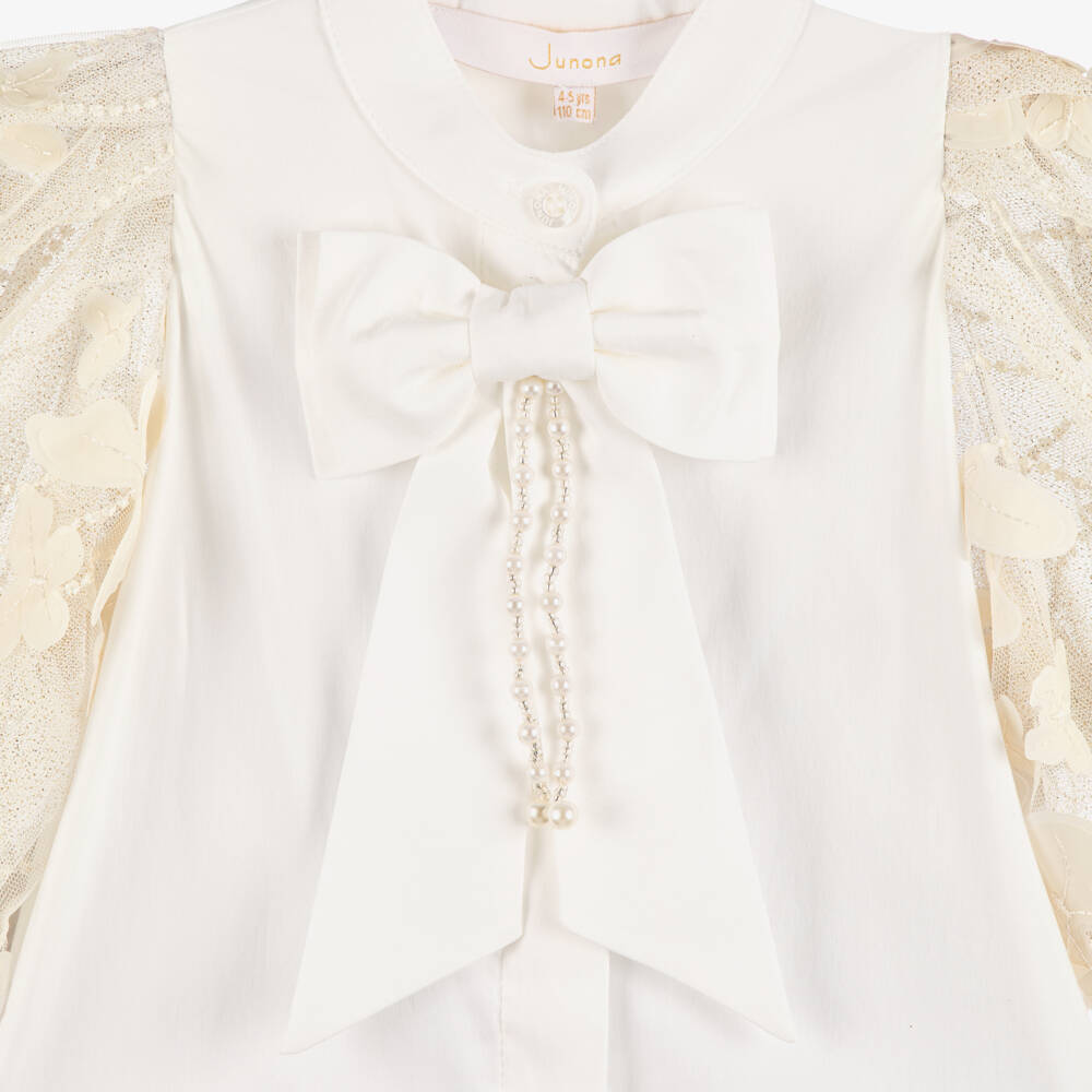 Junona-Girls White Cotton Blouse with Gold Tulle Sleeves | Childrensalon Outlet