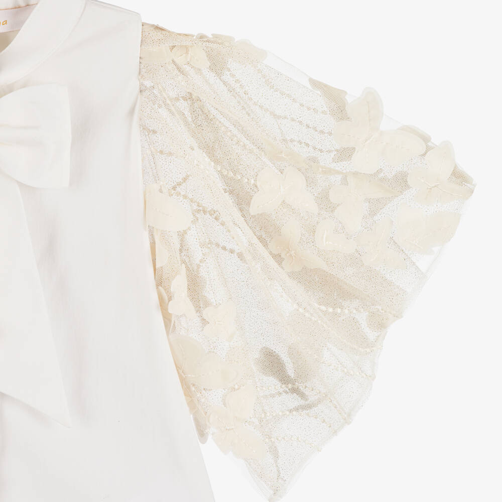 Junona-Girls White Cotton Blouse with Gold Tulle Sleeves | Childrensalon Outlet