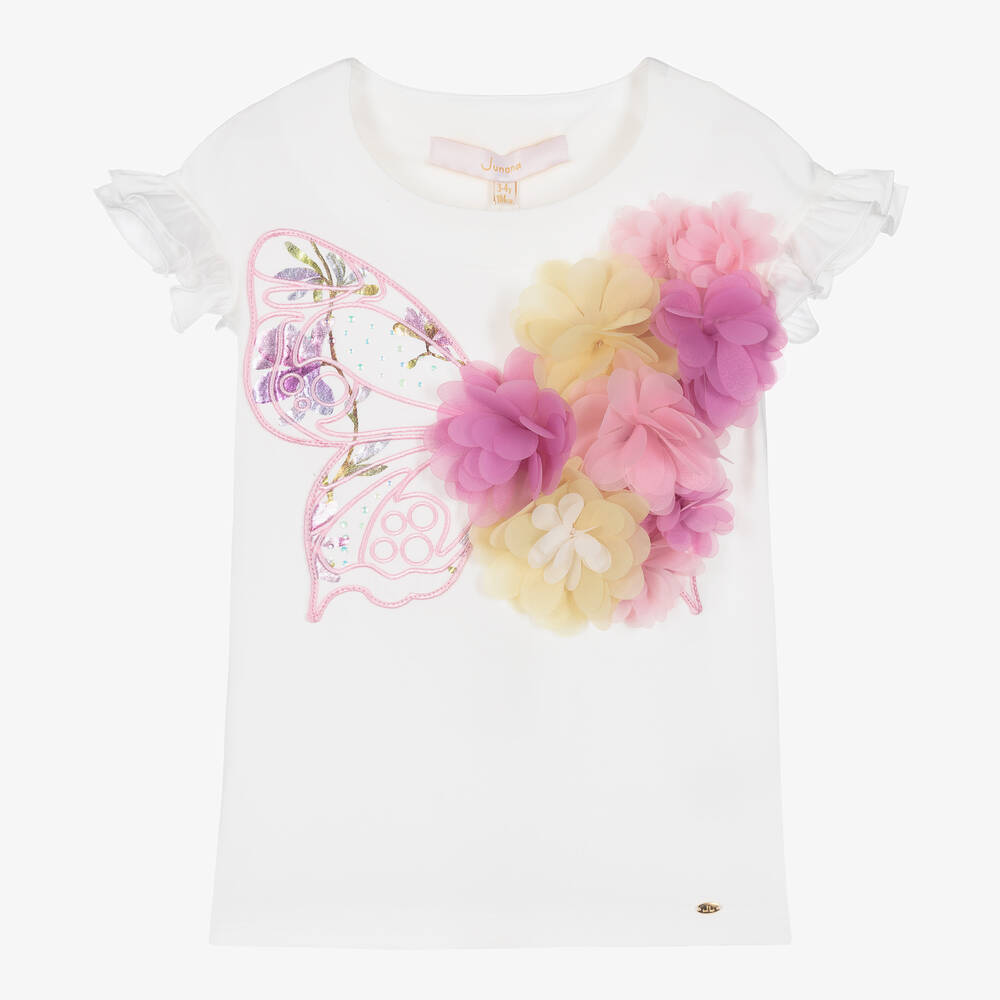 Junona - Girls White Cotton Butterfly T-Shirt | Childrensalon