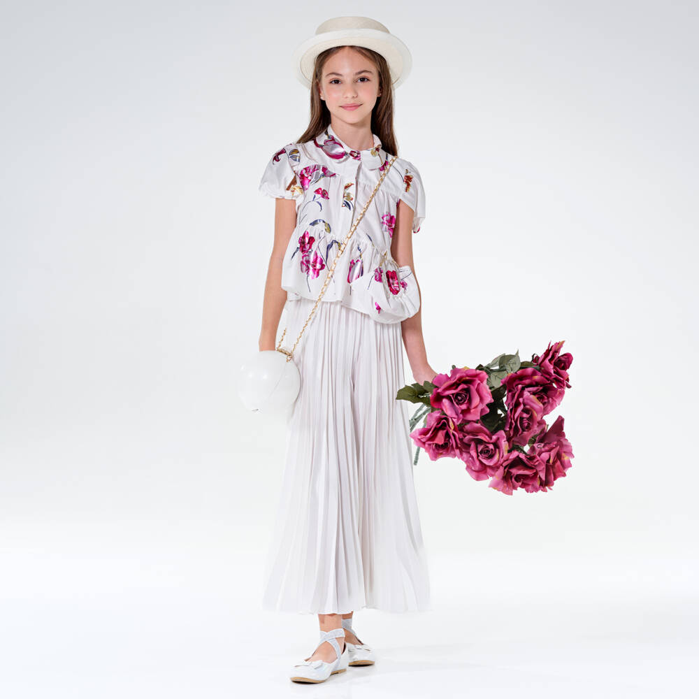 Junona-Girls White Cotton Floral Blouse | Childrensalon Outlet