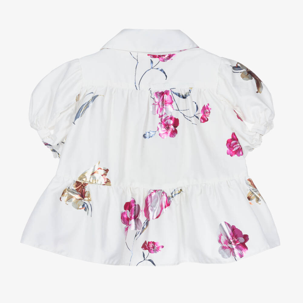 Junona-Girls White Cotton Floral Blouse | Childrensalon Outlet