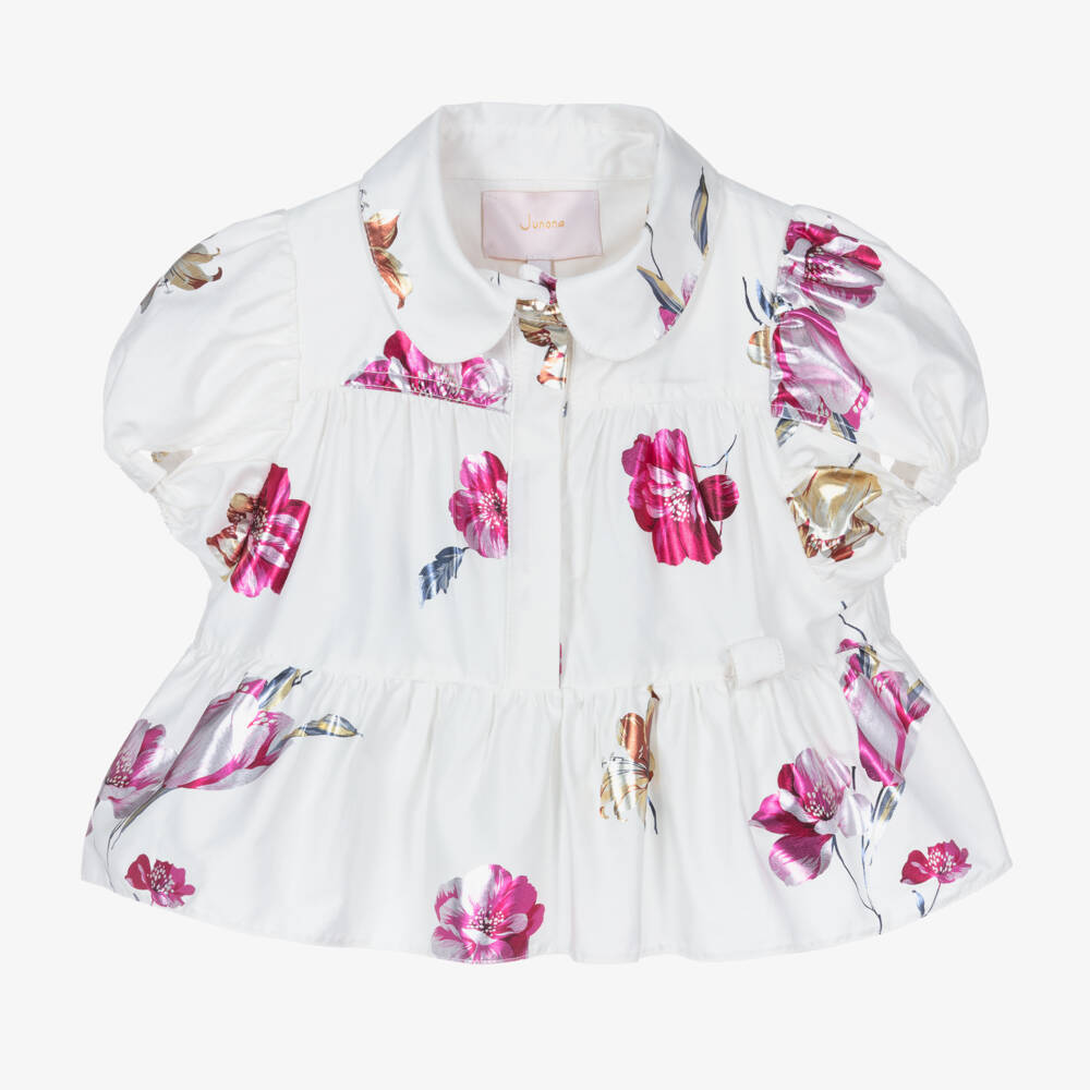 Junona-Girls White Cotton Floral Blouse | Childrensalon Outlet