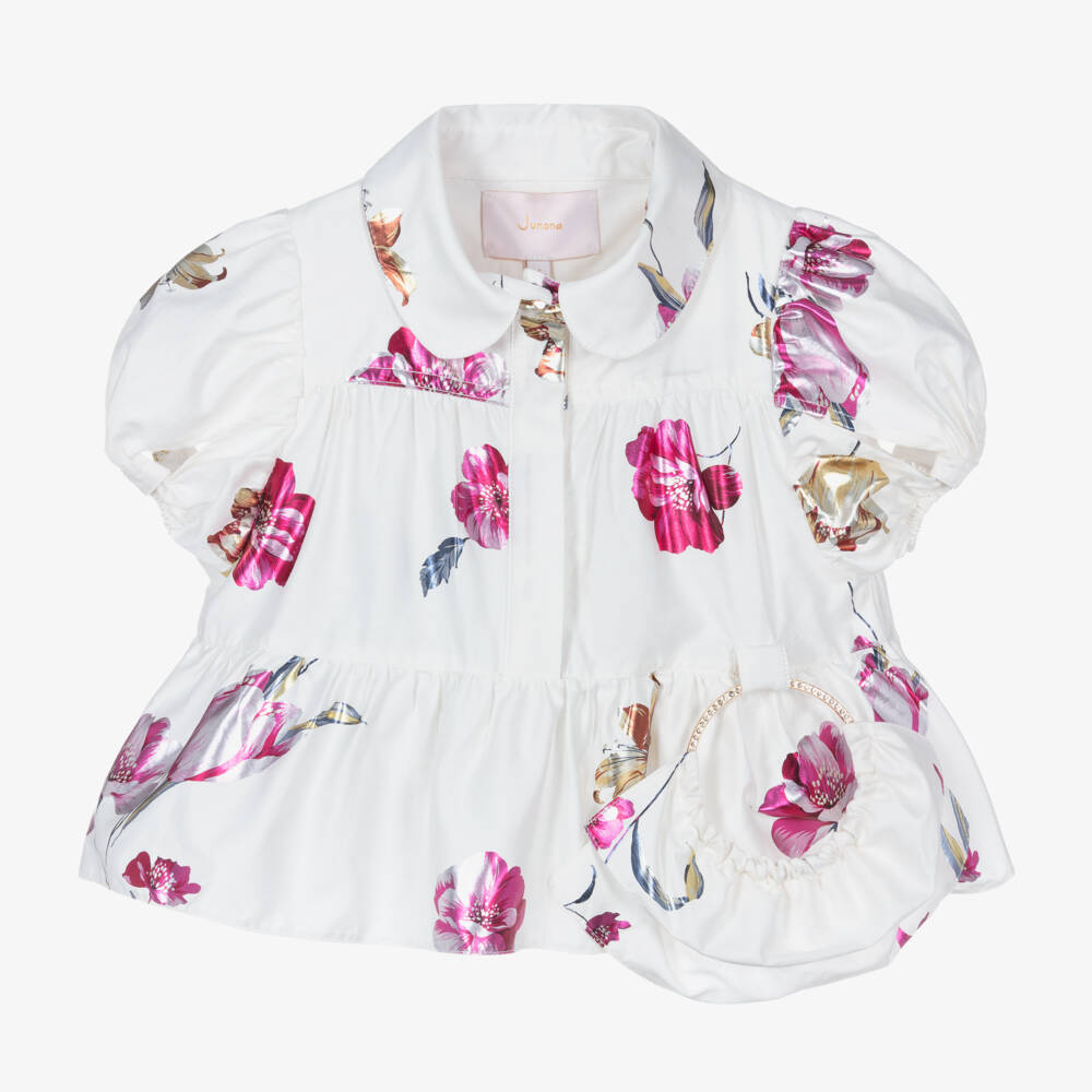 Junona-Girls White Cotton Floral Blouse | Childrensalon Outlet