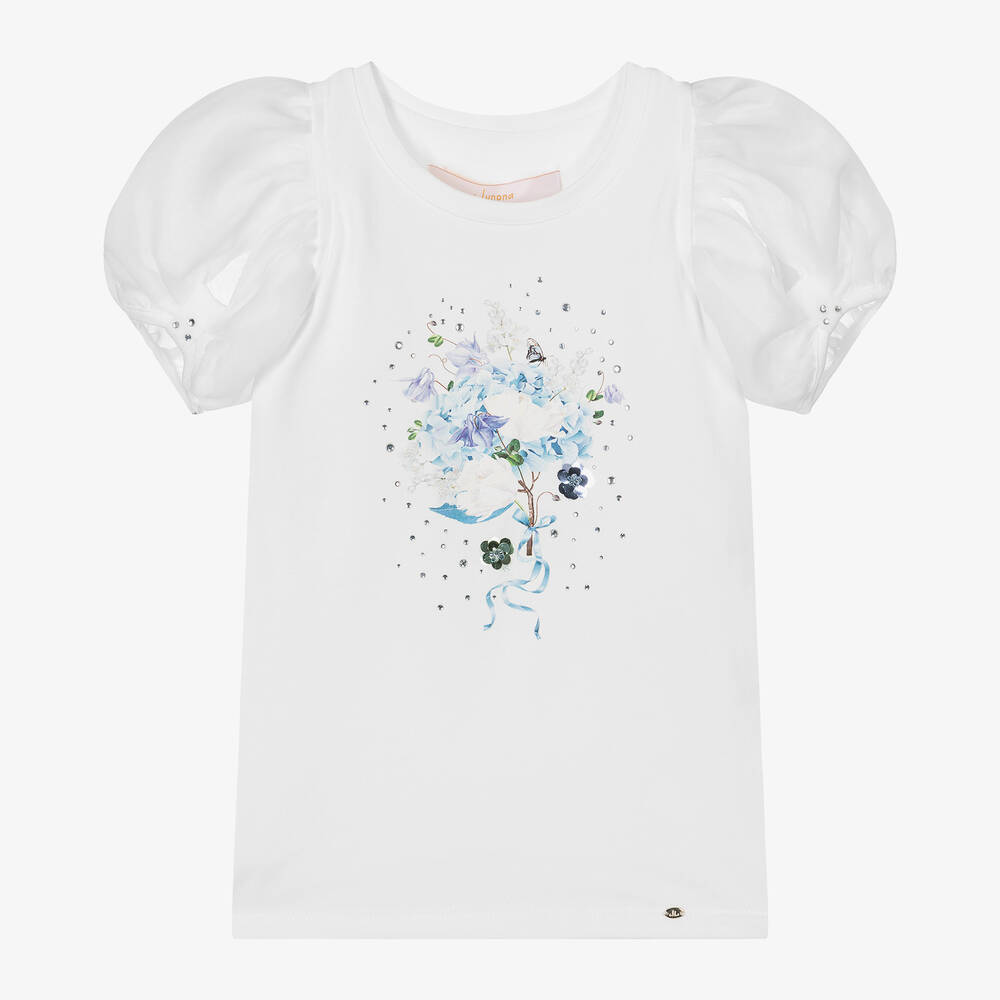 Junona-Girls White Cotton Floral Print T-Shirt | Childrensalon Outlet
