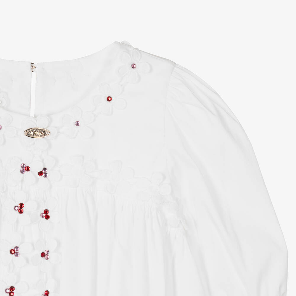 Junona-Girls White Cotton Flower Blouse | Childrensalon Outlet