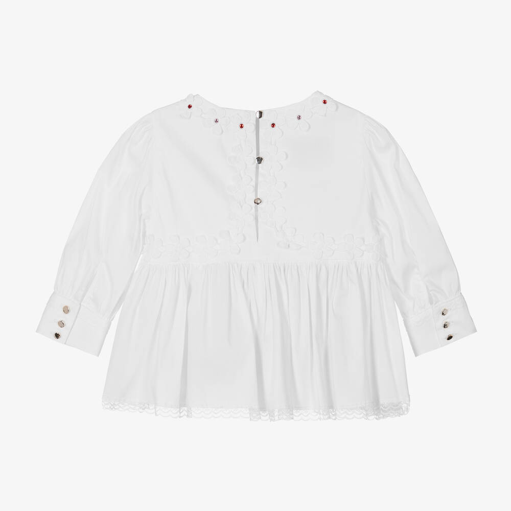 Junona-Girls White Cotton Flower Blouse | Childrensalon Outlet