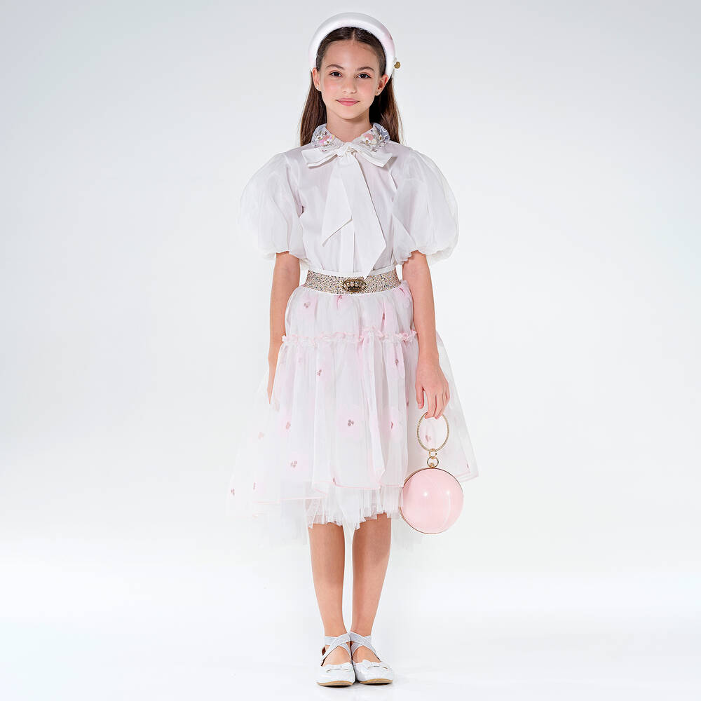 Junona-Белая блузка из хлопка и органзы для девочек | Childrensalon Outlet