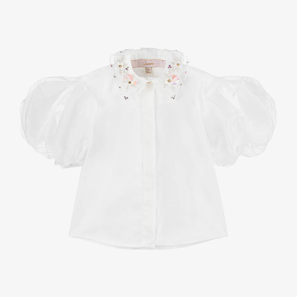 Junona-Белая блузка из хлопка и органзы для девочек | Childrensalon Outlet