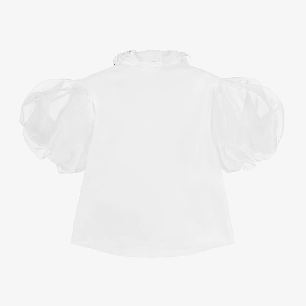 Junona-Белая блузка из хлопка и органзы для девочек | Childrensalon Outlet