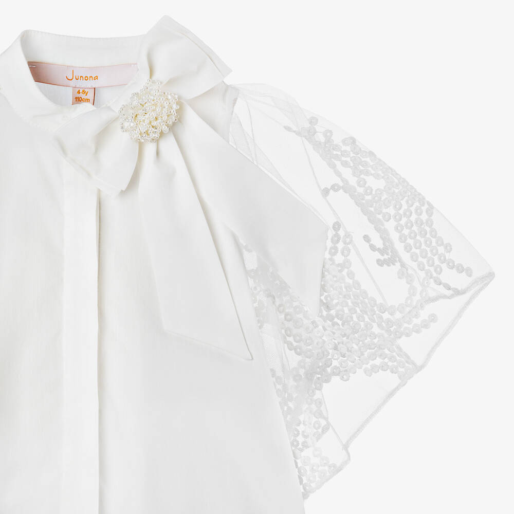 Junona-Белая блузка из хлопка и тюля для девочек | Childrensalon Outlet
