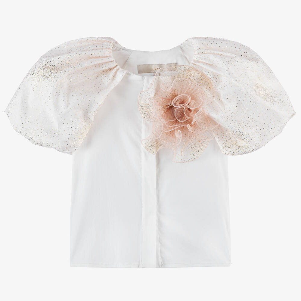 Junona-Girls White Cotton & Tulle Blouse  | Childrensalon Outlet