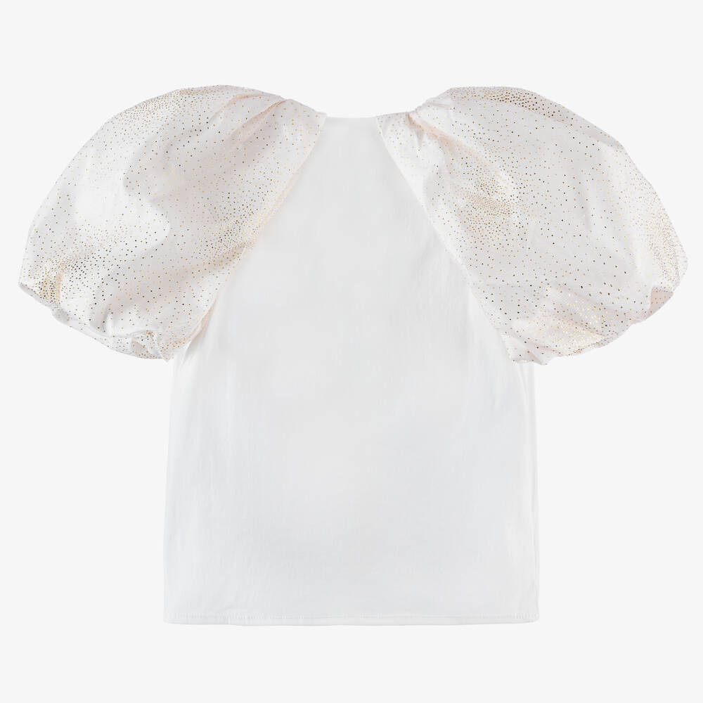 Junona-Girls White Cotton & Tulle Blouse | Childrensalon Outlet