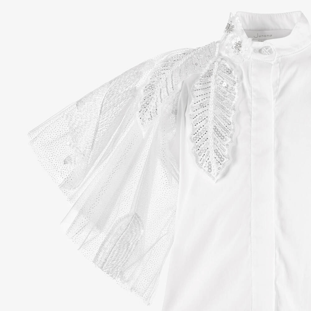 Junona-Girls White Cotton & Tulle Blouse with Feather Details | Childrensalon Outlet