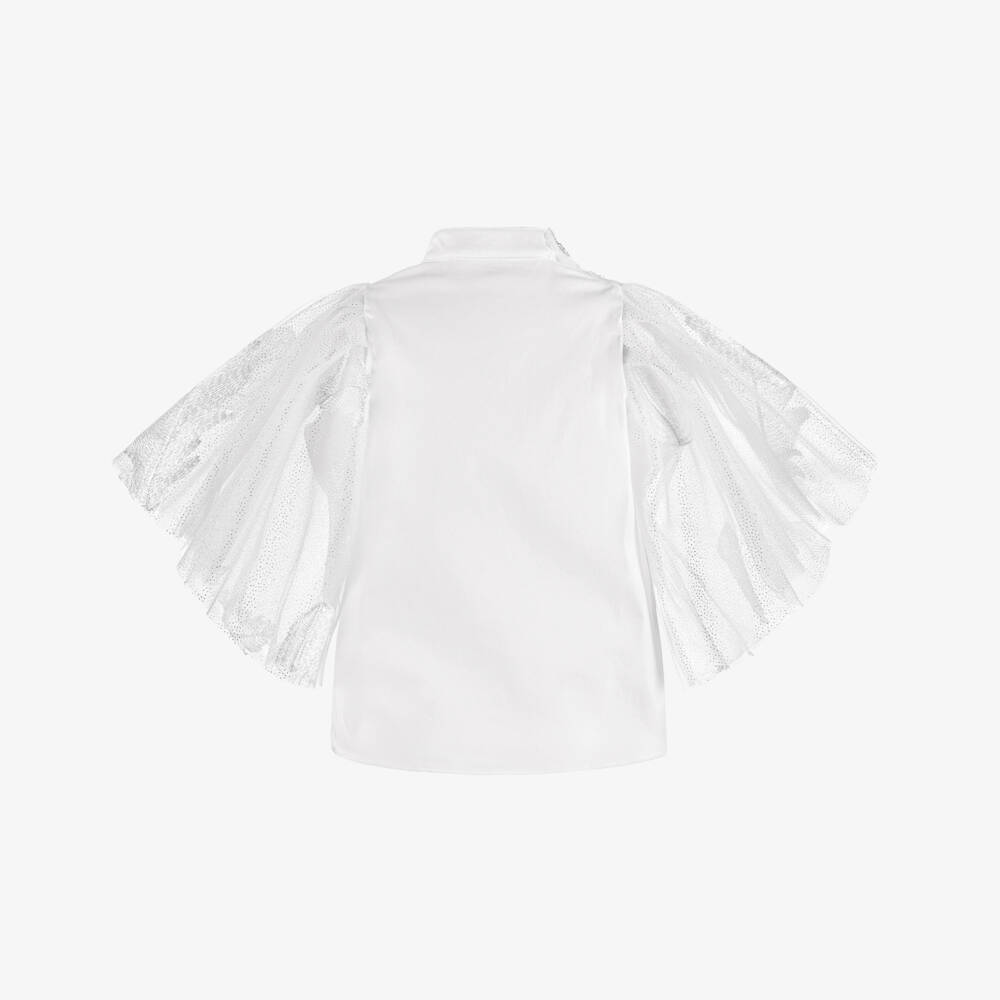 Junona-Girls White Cotton & Tulle Blouse with Feather Details | Childrensalon Outlet