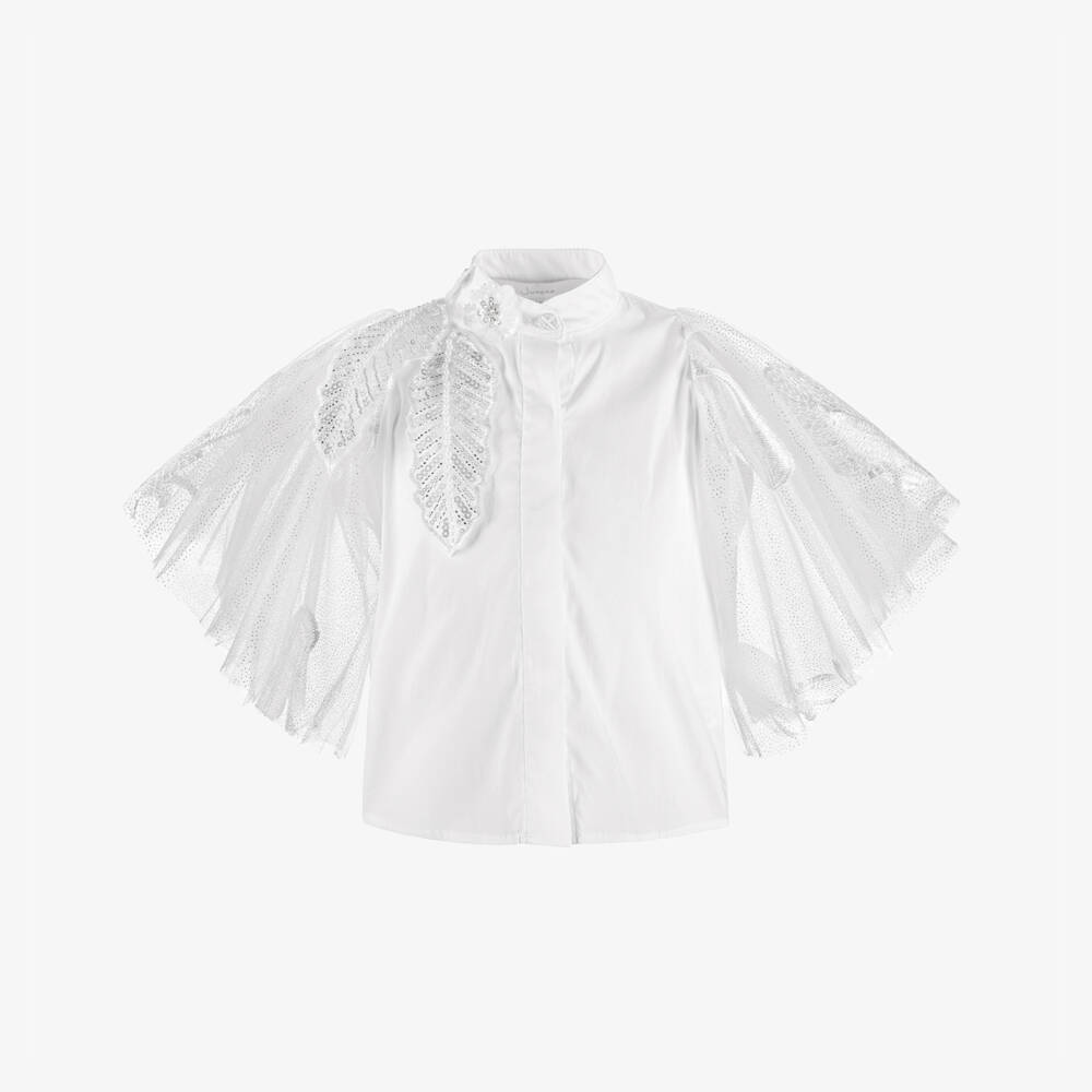 Junona-Girls White Cotton & Tulle Blouse with Feather Details | Childrensalon Outlet