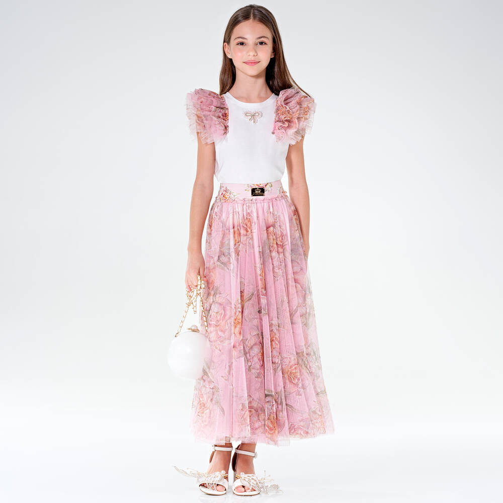 Junona-Girls White Cotton Tulle T-Shirt | Childrensalon Outlet