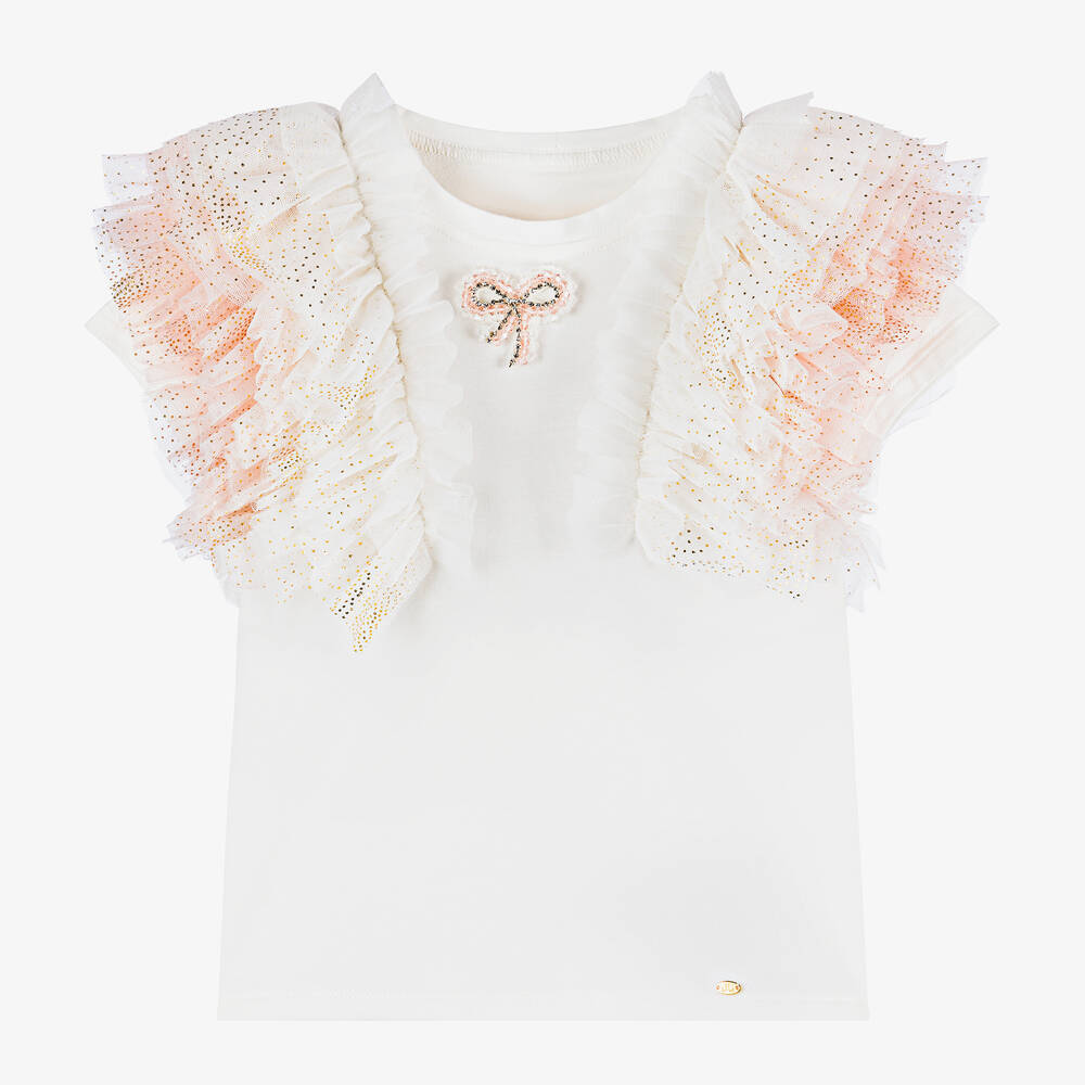 Junona-Girls White Cotton Tulle T-Shirt | Childrensalon Outlet