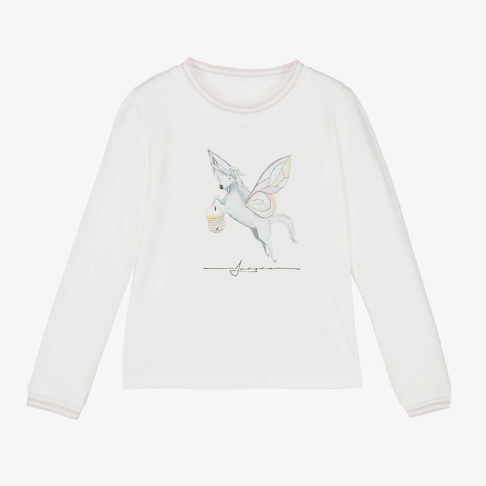 Junona - Haut blanc en coton licorne fille | Childrensalon