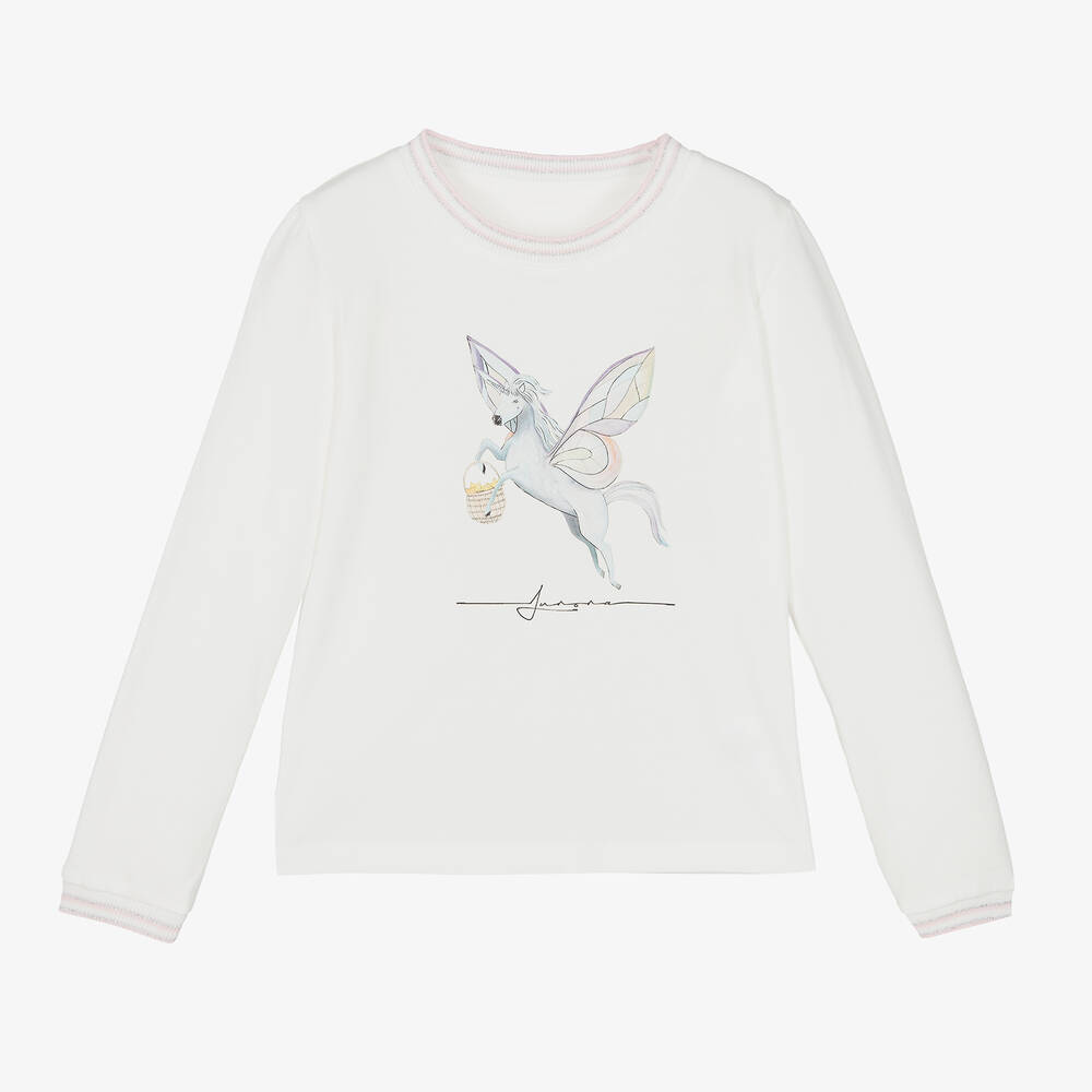 Junona - Girls White Cotton Unicorn Top | Childrensalon