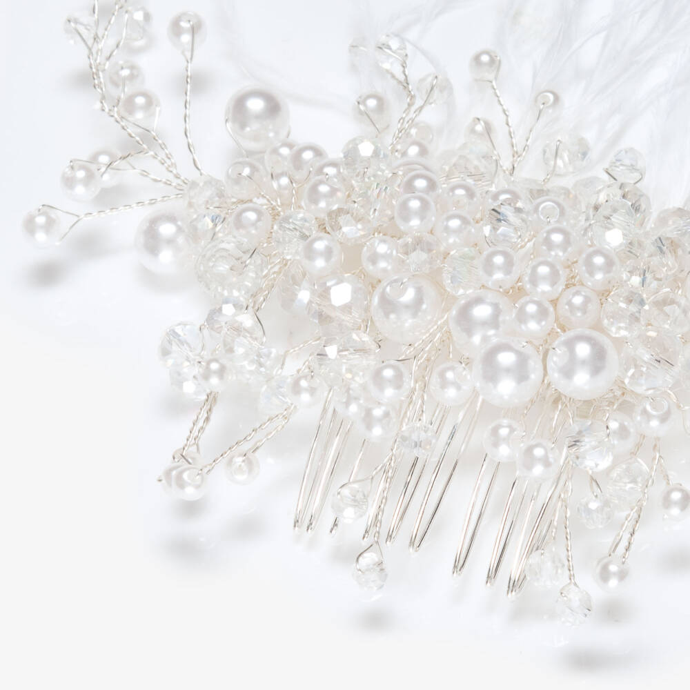 Junona-Girls White Crystal Bead & Feather Hair Comb | Childrensalon Outlet