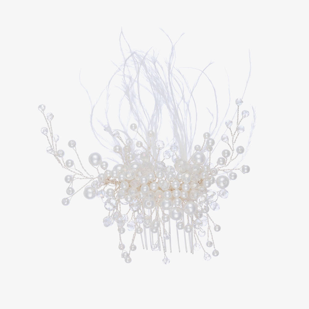 Junona-Girls White Crystal Bead & Feather Hair Comb | Childrensalon Outlet
