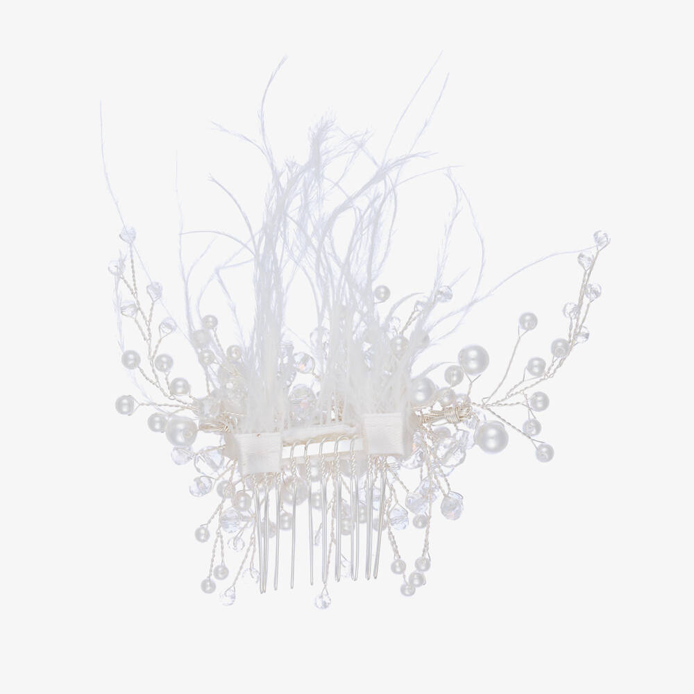 Junona-Girls White Crystal Bead & Feather Hair Comb | Childrensalon Outlet