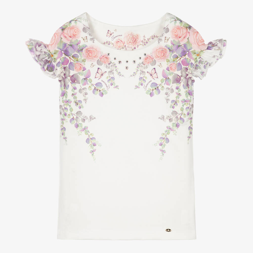 Junona - Girls White Crystal & Floral Print Jersey T-Shirt | Childrensalon
