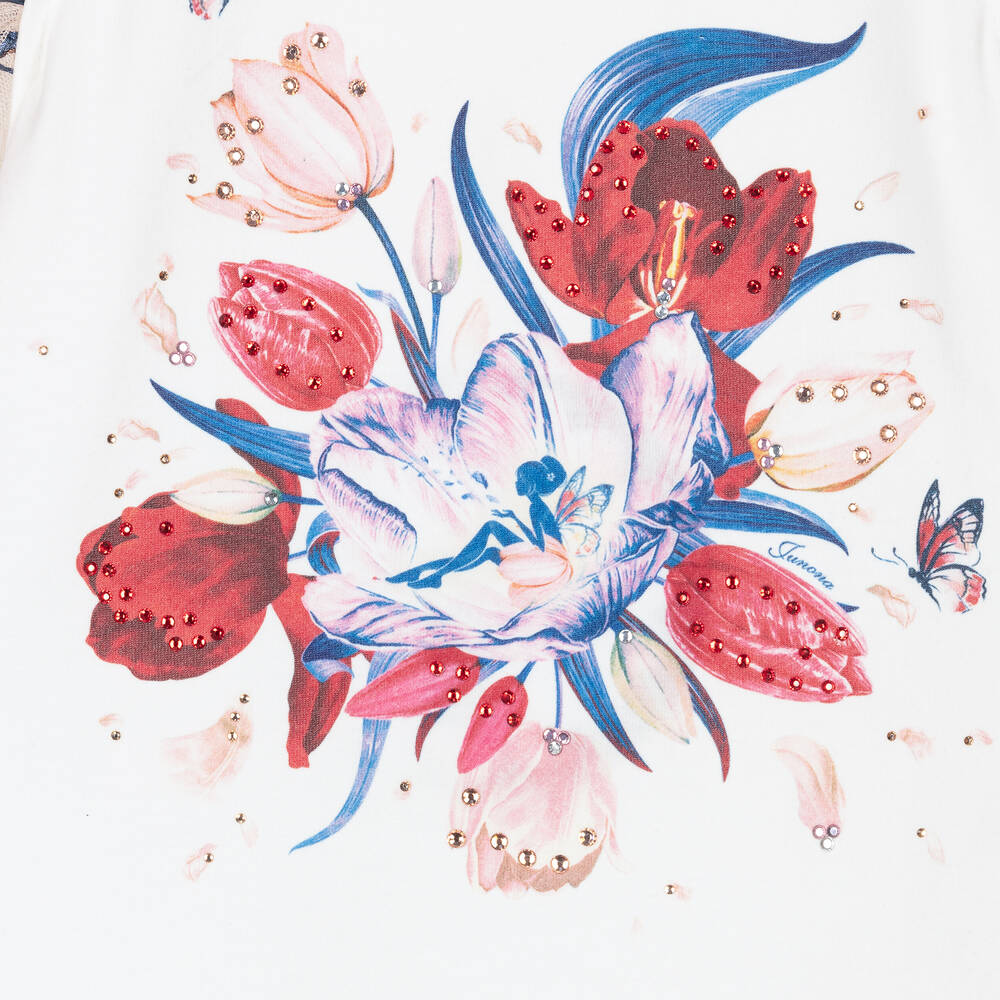 Junona-تيشيرت قطن جيرسي مزين بديامنتي لون أبيض | Childrensalon Outlet