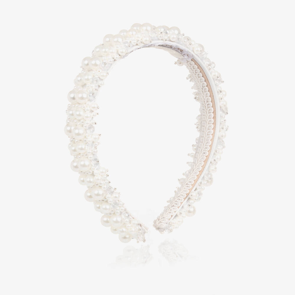 Junona-Girls White Faux Pearl & Beaded Hairband | Childrensalon Outlet
