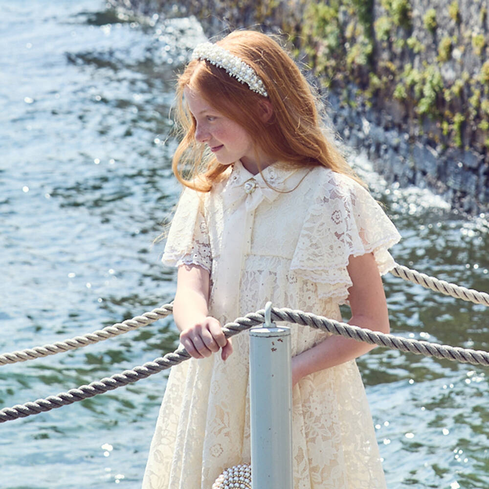 Junona-Girls White Faux Pearl & Beaded Hairband | Childrensalon Outlet