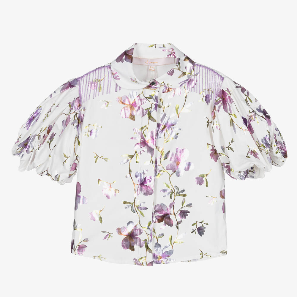 Junona - Girls White Floral Cotton Blouse | Childrensalon