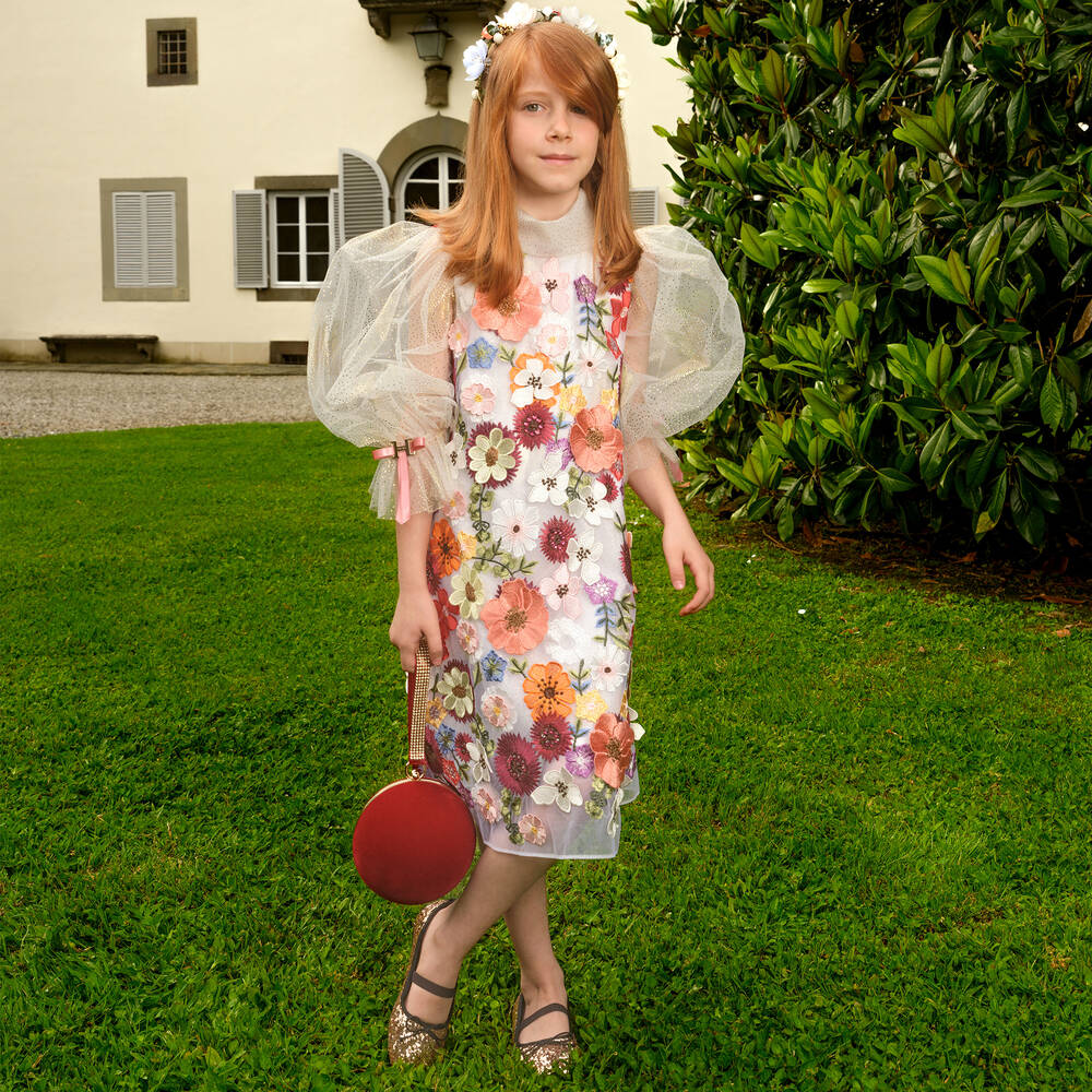 Junona-فستان تول مطرز بورود ومزين بديامنت لون أبيض | Childrensalon Outlet