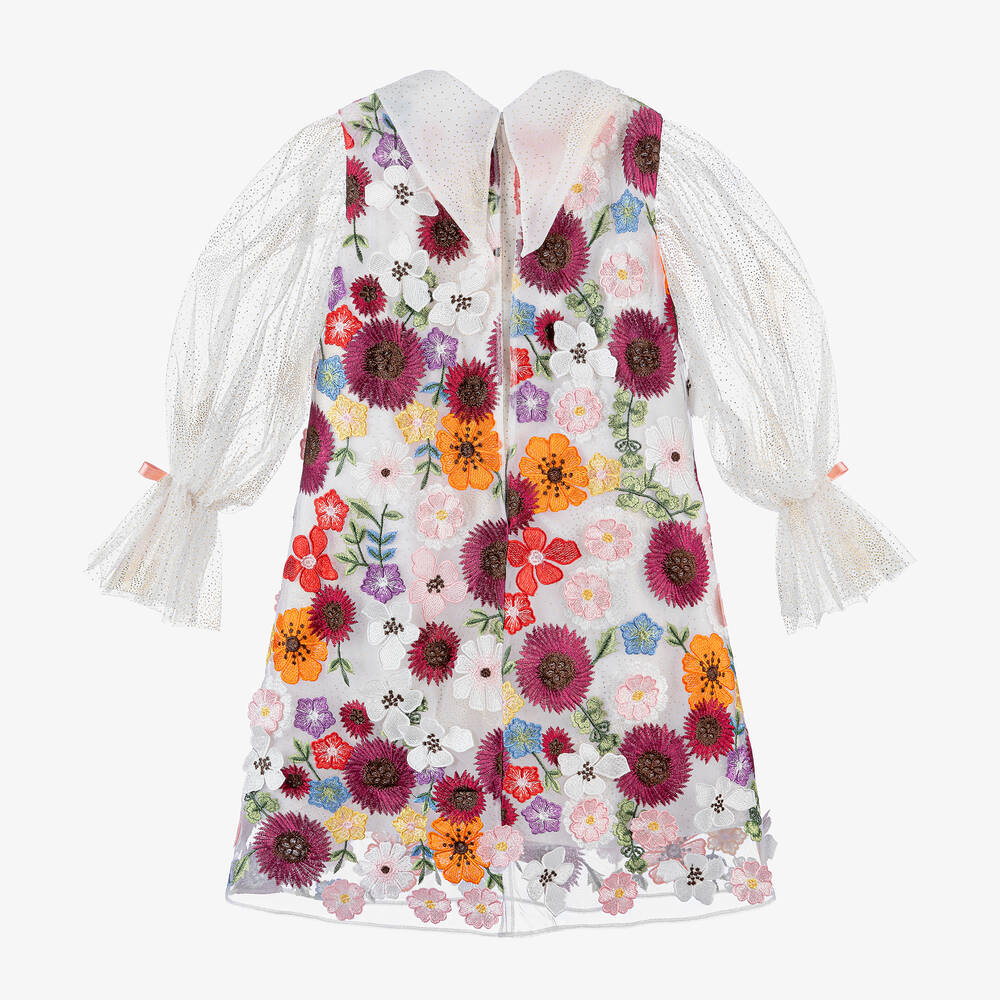 Junona-فستان تول مطرز بورود ومزين بديامنت لون أبيض | Childrensalon Outlet