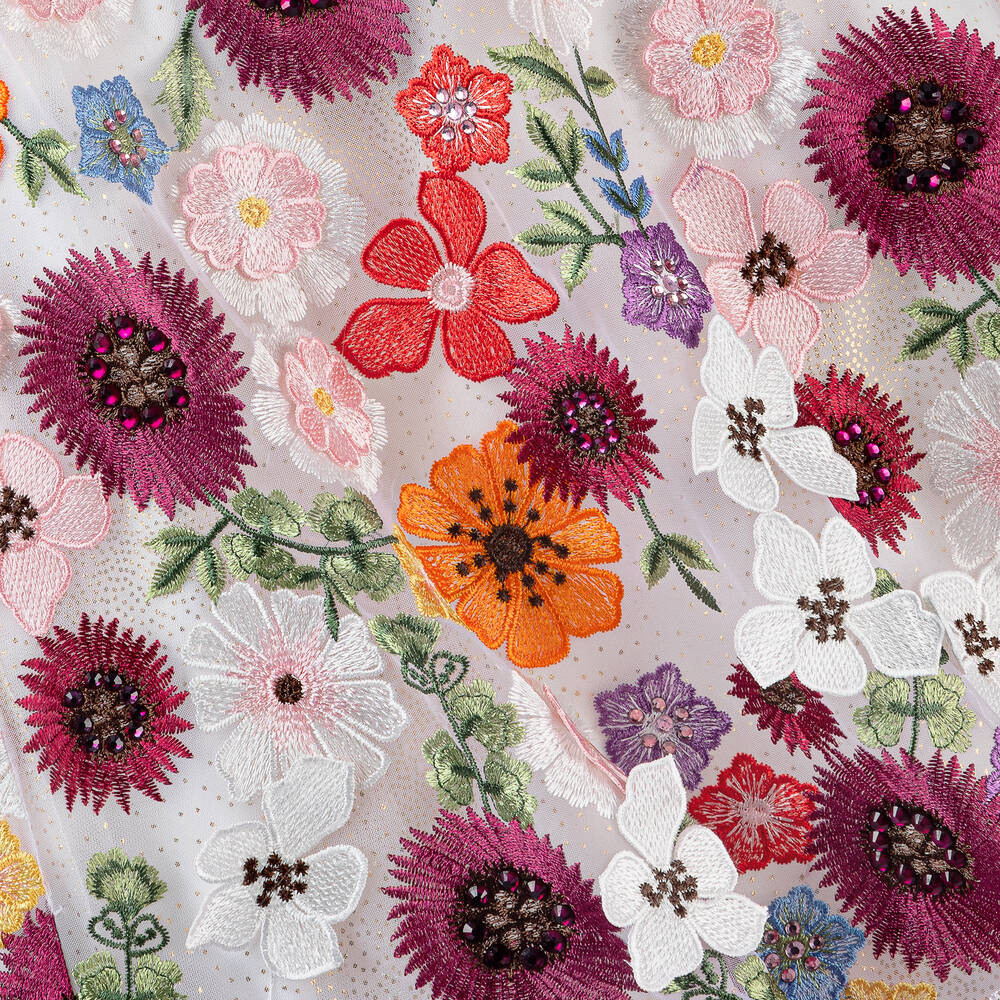 Junona-فستان تول مطرز بورود ومزين بديامنت لون أبيض | Childrensalon Outlet