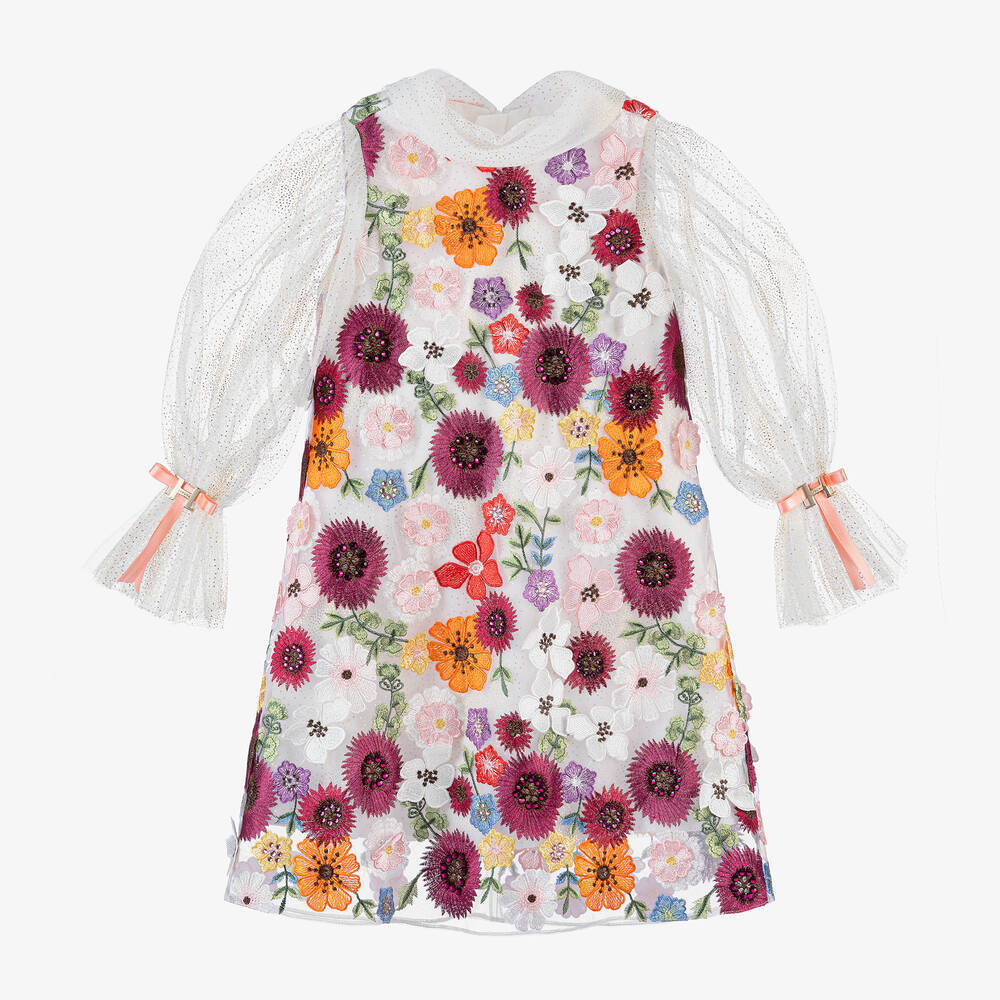 Junona-Girls White Floral Embroidered Tulle Dress | Childrensalon Outlet